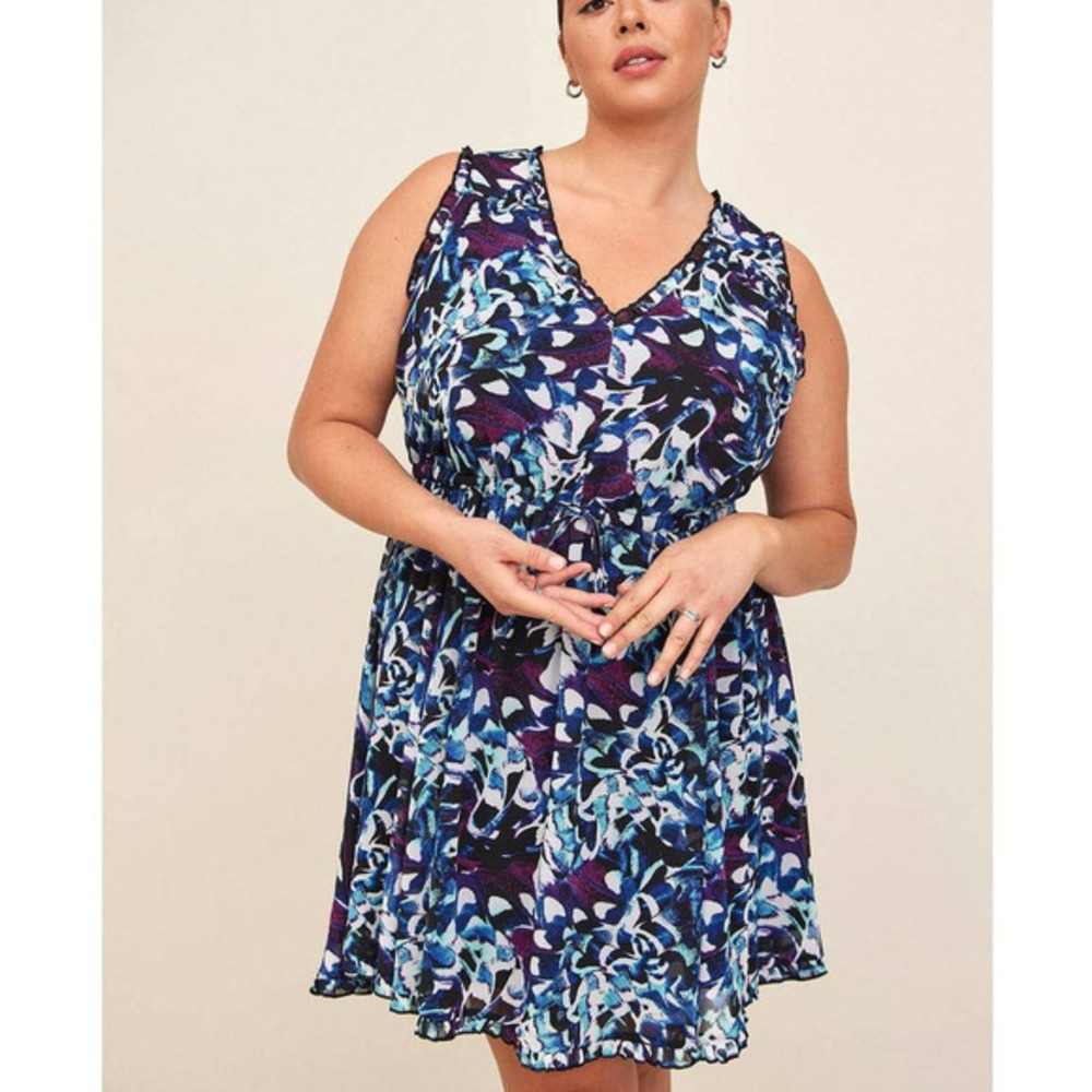 New Torrid 6 (6X 30) Floral Mod Art Chiffon Ruffle Mini Sleeveless V Neck Dress